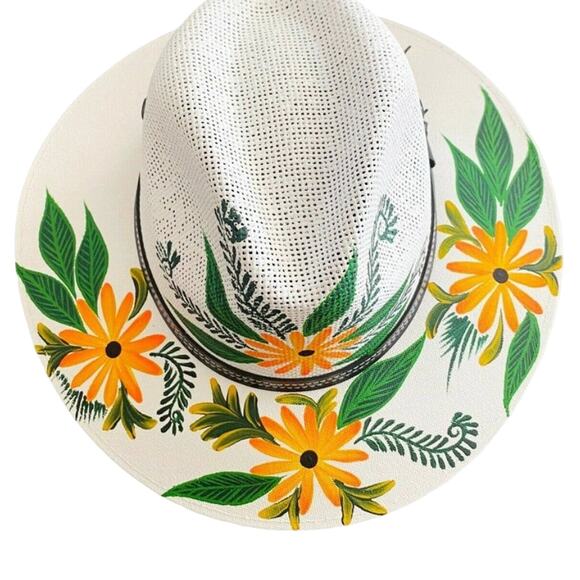 MEXICAN Artisanal Hat Hand Painted Fedora Floral Sombrero Panama Bohemian Large main image 4